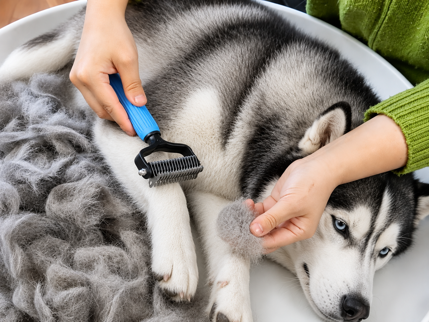 Pile of dog undercoat removed in one session, beside the Tidy Tails comb