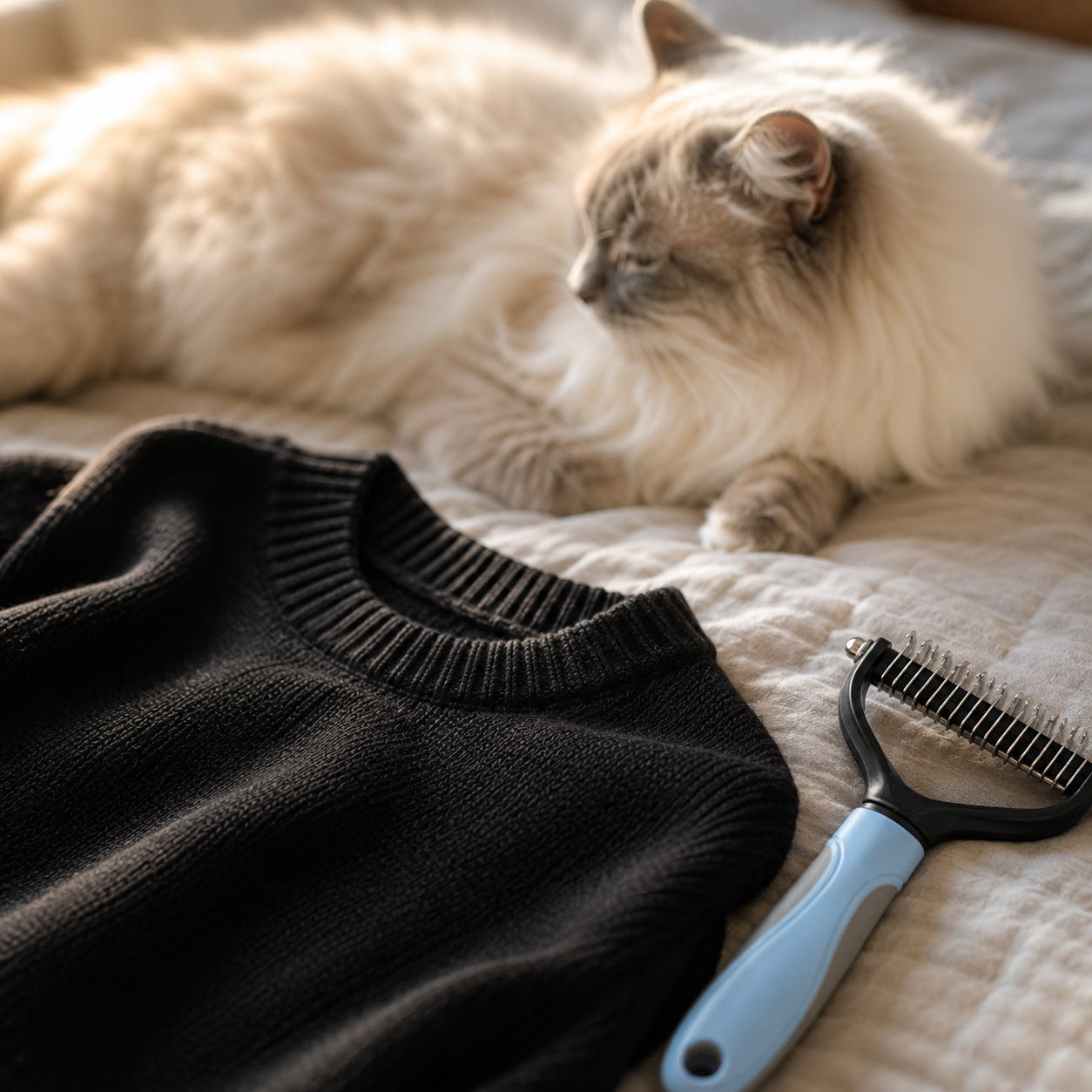 A clean black sweater free of cat hair, beside the comb