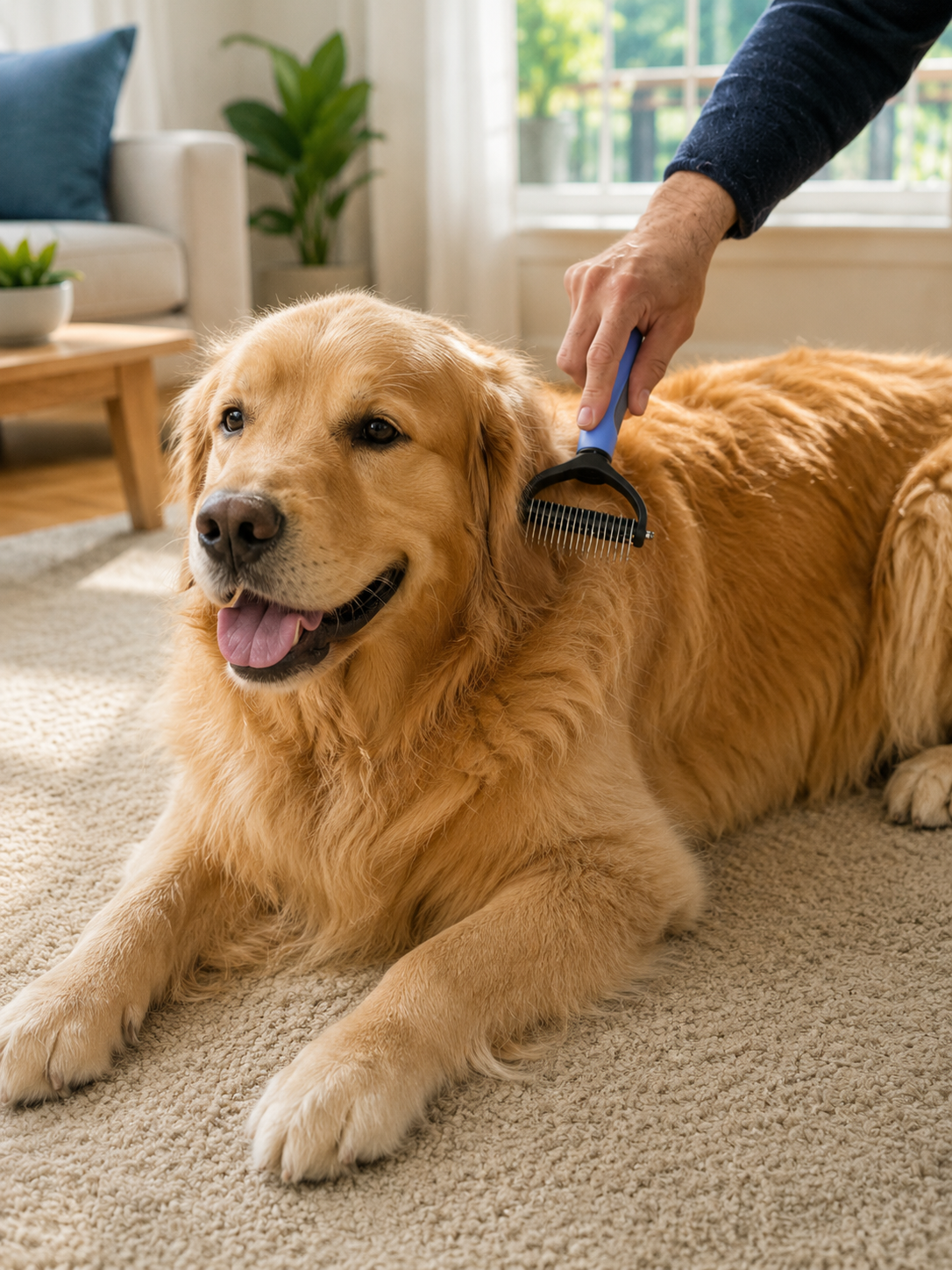 A dog being calmly combed