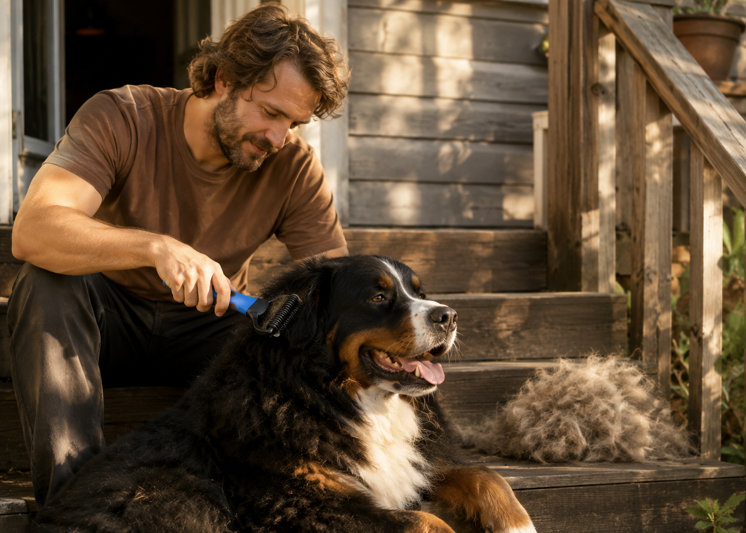 A man combing his dog on a step
